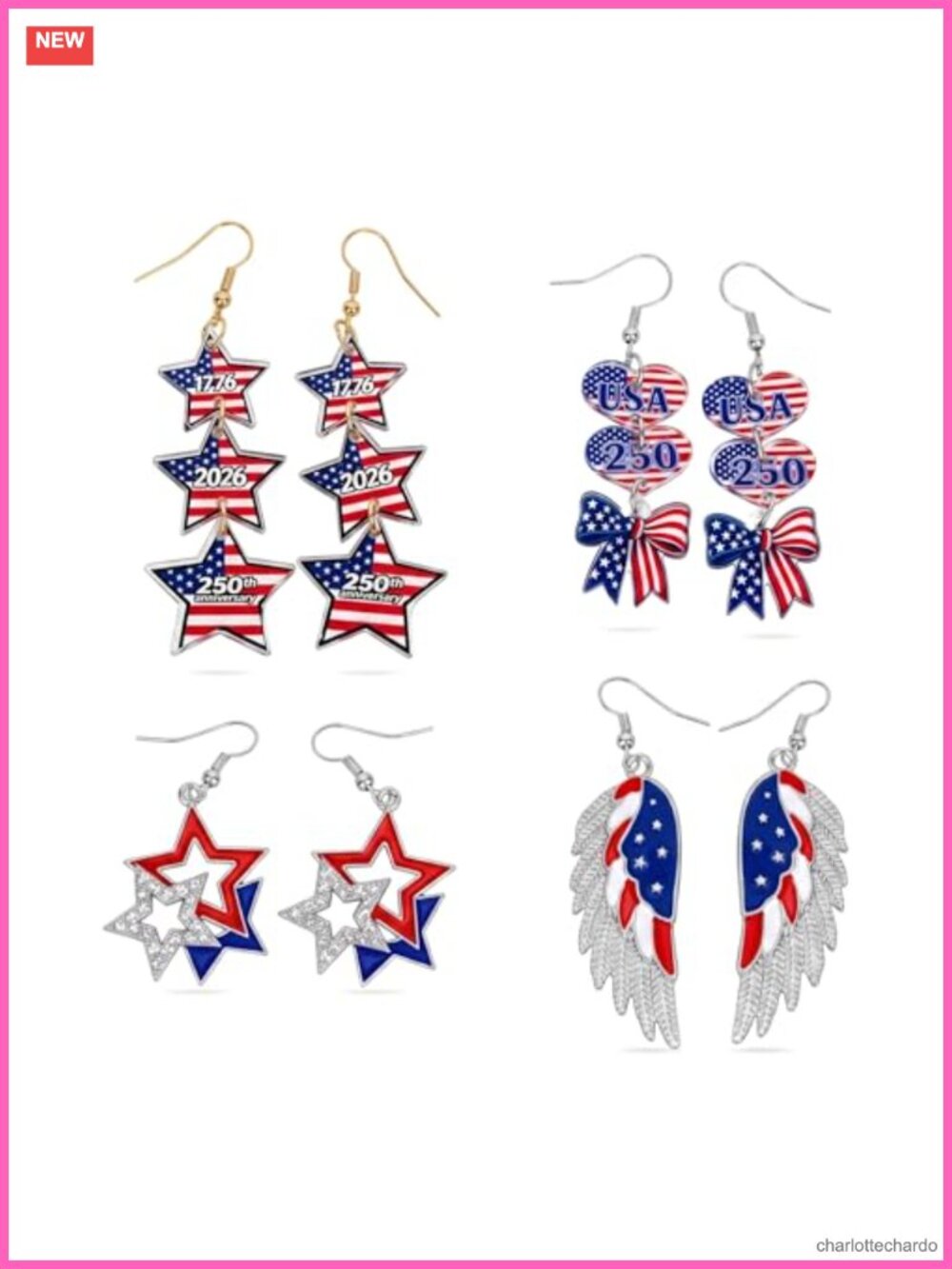 Patriotic Earrings Set 4 Pairs Acrylic July 4th America 250